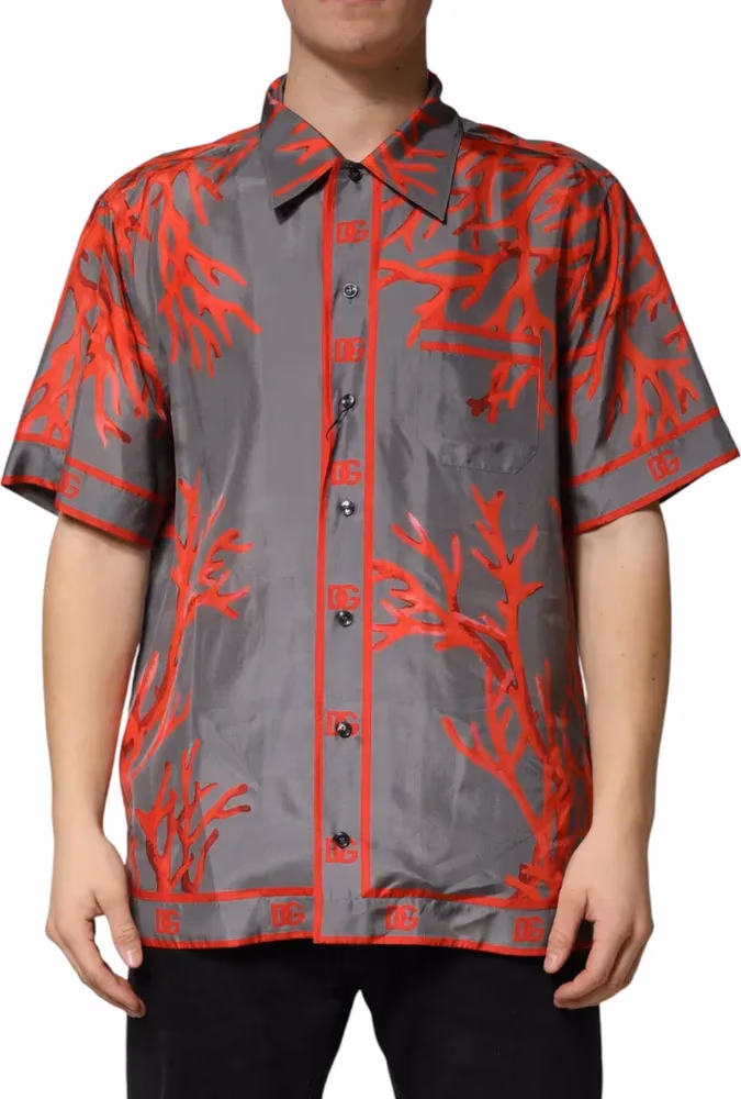 Dolce & Gabbana Gray Red Corals Short Sleeves Casual Shirt