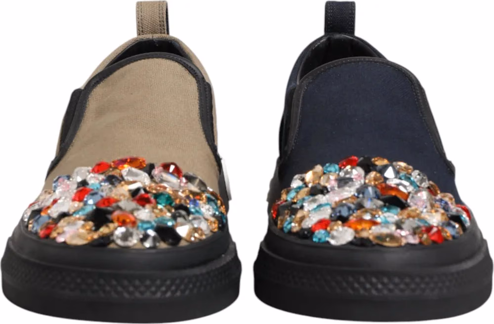Dolce & Gabbana Blue Canvas Embellished Slip On Men Sneakers Shoes
