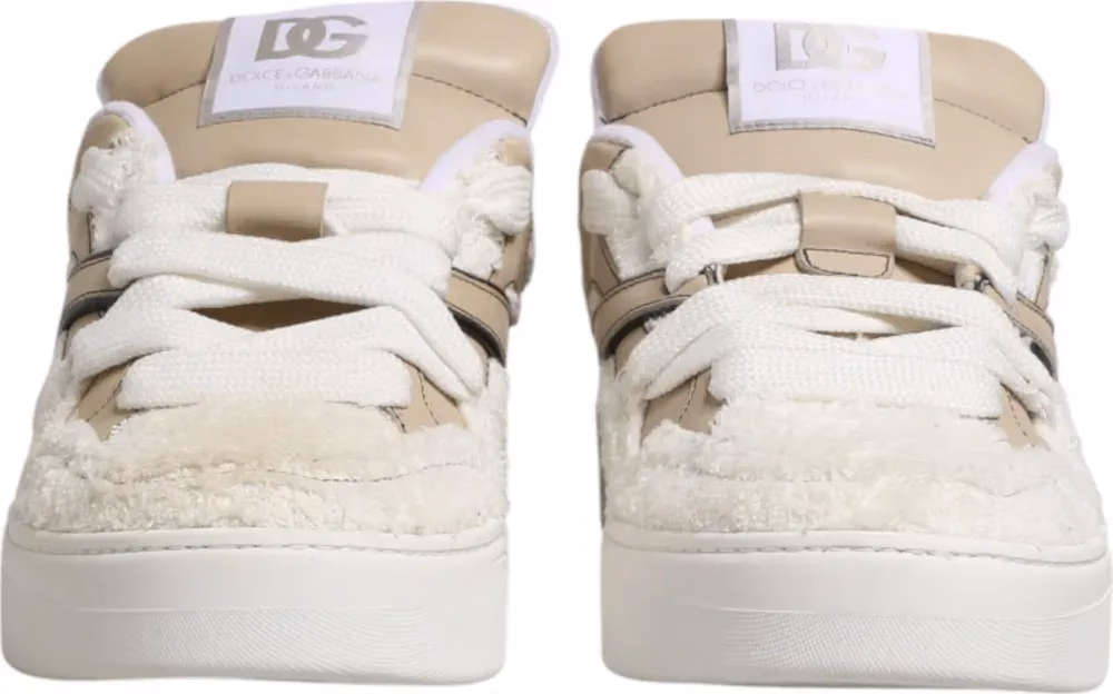 Dolce & Gabbana White Beige Faux Shearling Low Top Sneakers Shoes
