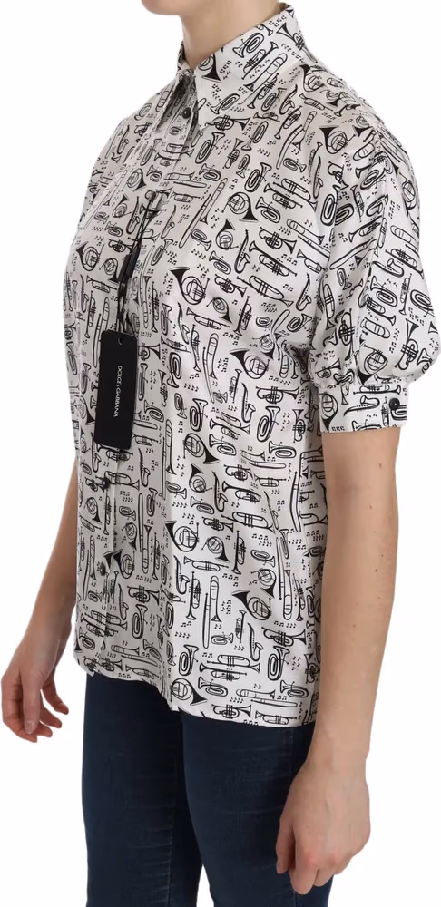 Dolce & Gabbana White Musical Instrument Collared Blouse  Shirt