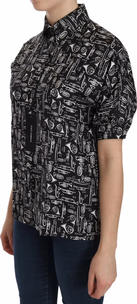 Dolce & Gabbana Black Musical Instrument Collared Blouse Shirt