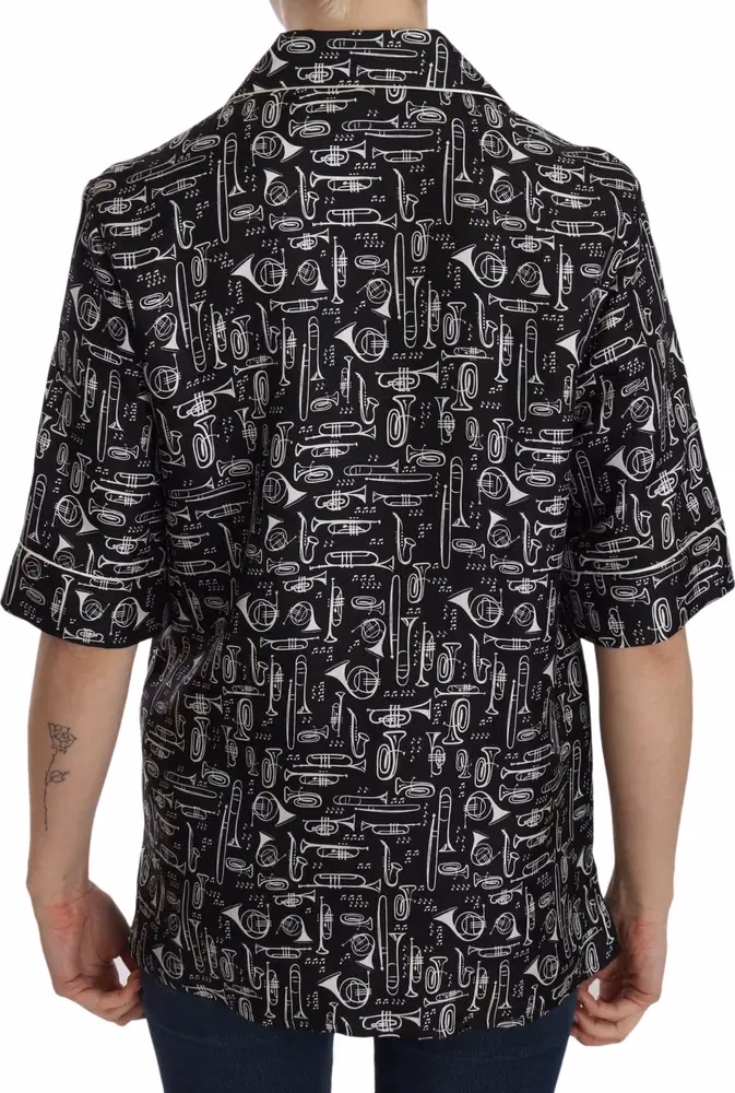 Dolce & Gabbana Black Musical Instrument Print Silk  Top