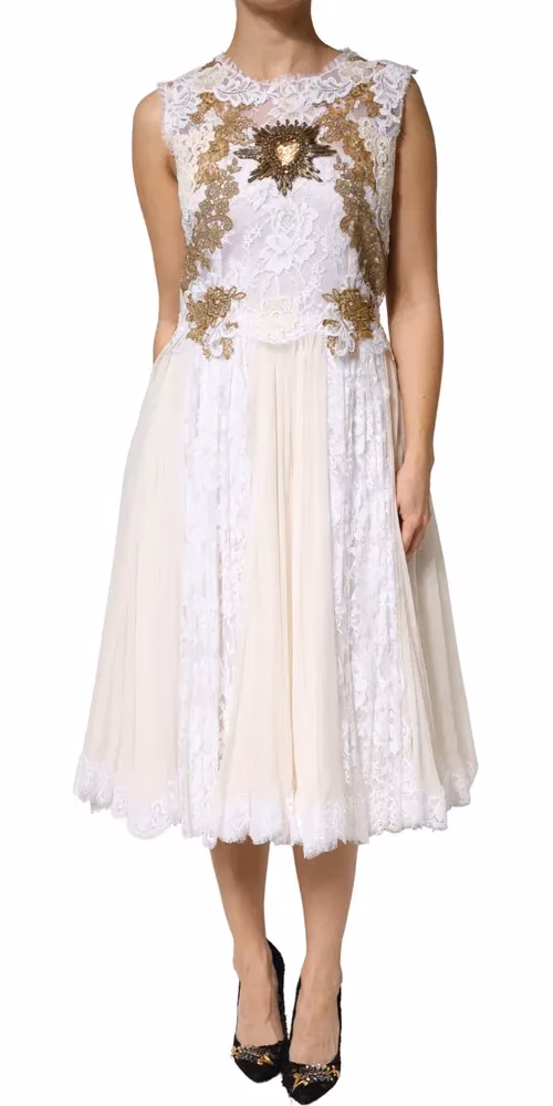 Dolce & Gabbana Ivory Lace Silk Embellished Sleeveless  Dress