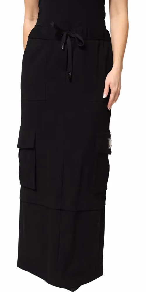 Dolce & Gabbana Black Cotton Drawstring Long Maxi Cargo Skirt