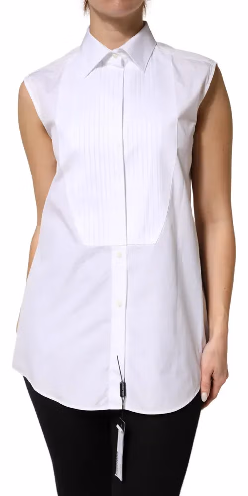 Dolce & Gabbana White Cotton Pleated Sleeveless Button Down Top