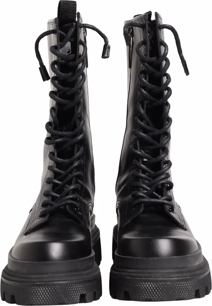 Dolce & Gabbana Black Leather Trek Sole Combat Boots Shoes