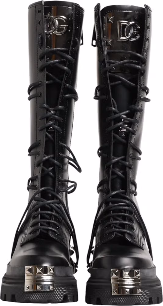 Dolce & Gabbana Black Leather Knee High Combat Boots Shoes