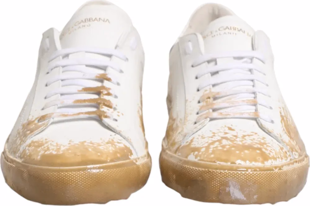 Dolce & Gabbana White Leather Paint Effect Low Top Sneakers  Shoes