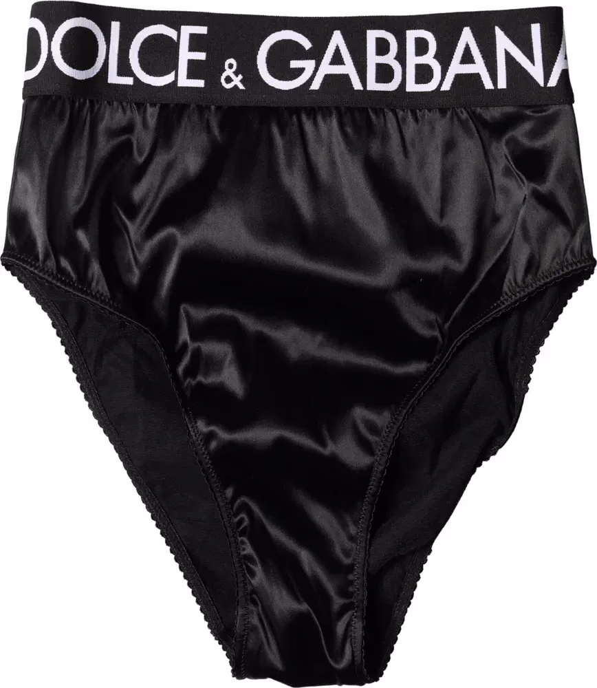 Dolce & Gabbana Black Satin High-Waist Brief Logo Women Underwear