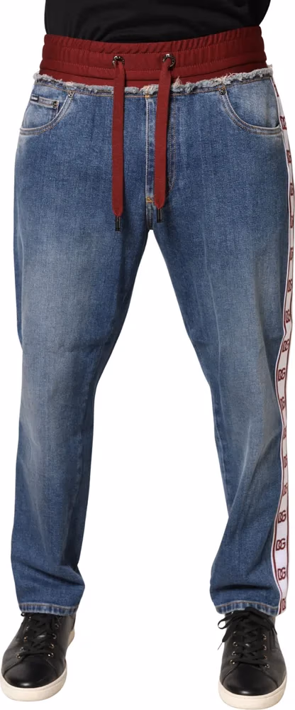 Dolce & Gabbana Blue Cotton Drawstring Straight Denim Jeans