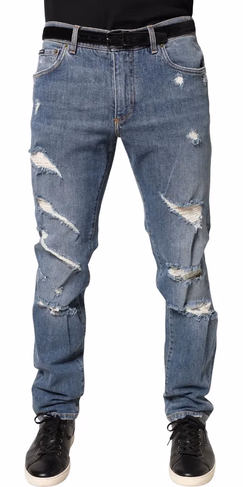 Dolce & Gabbana Blue Tattered Slim Fit Cotton Denim Jeans