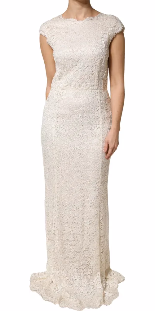 Dolce & Gabbana White Lace Viscose Sheath Long Gown Dress
