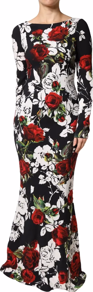 Dolce & Gabbana Black Floral Viscose Bodycon Long Gown Dress