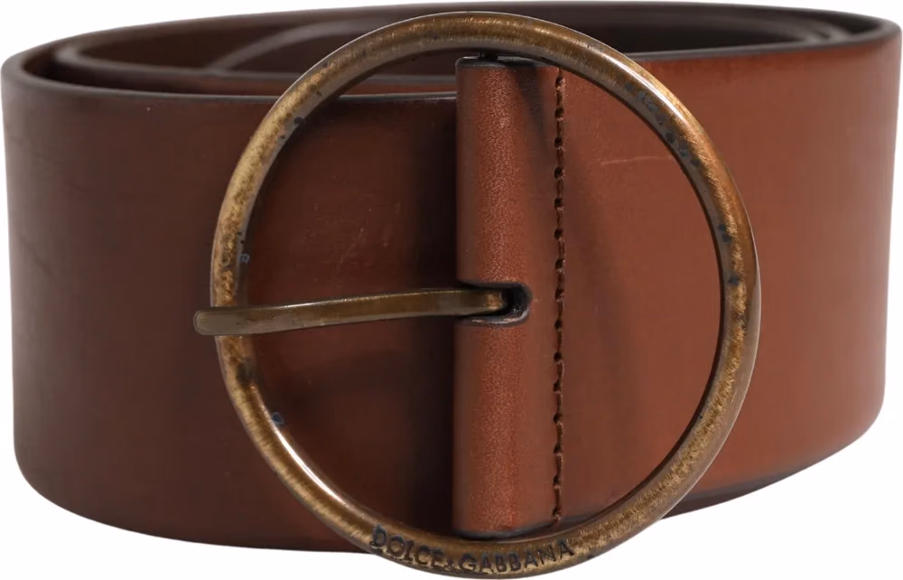 Dolce & Gabbana Brown Leather Wide Waist Metal Round Belt