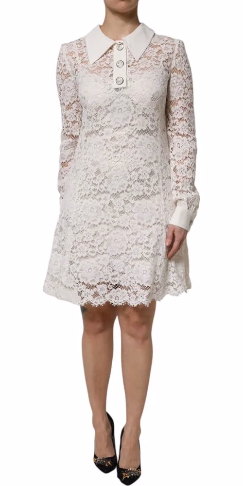 Dolce & Gabbana White Floral Lace Viscose Collared Mini Dress