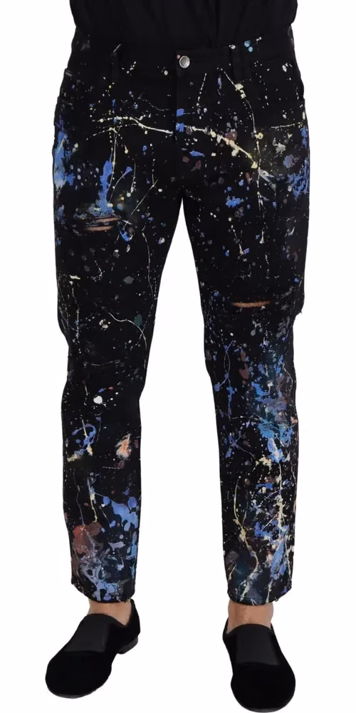 Dolce & Gabbana Black Cotton Color Splash Print Denim Jeans