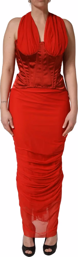 Dolce & Gabbana Red Halter Corset Sleeveless Sheath  Dress