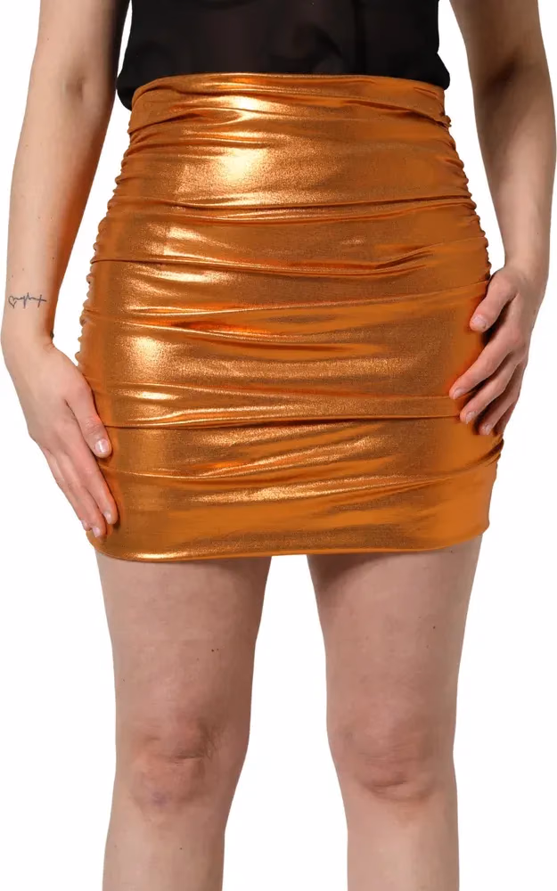 Dolce & Gabbana Metallic Orange Ruched Lame Bodycon Mini Skirt