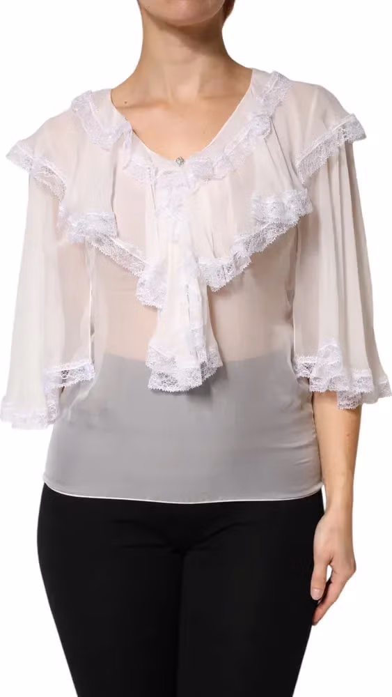 Dolce & Gabbana White LongSleeve Lace Trim Ruffled Blouse Top