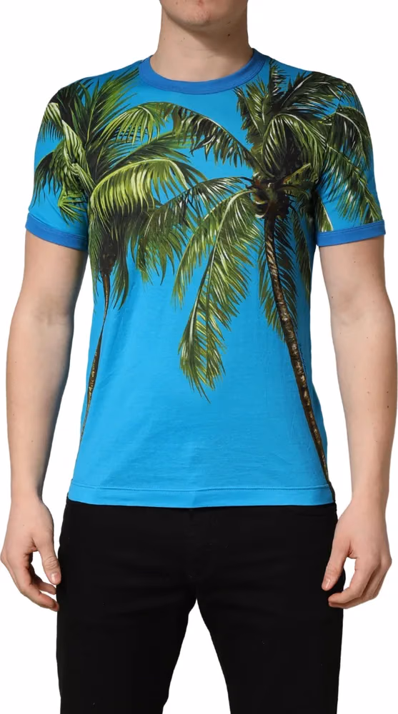 Dolce & Gabbana Blue Palm Tree Print Cotton CrewNeck T-shirt