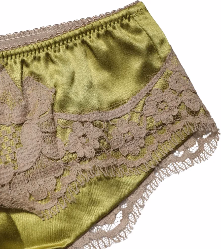 Dolce & Gabbana Underwear Green Silk Satin Floral Lace Panty Brief
