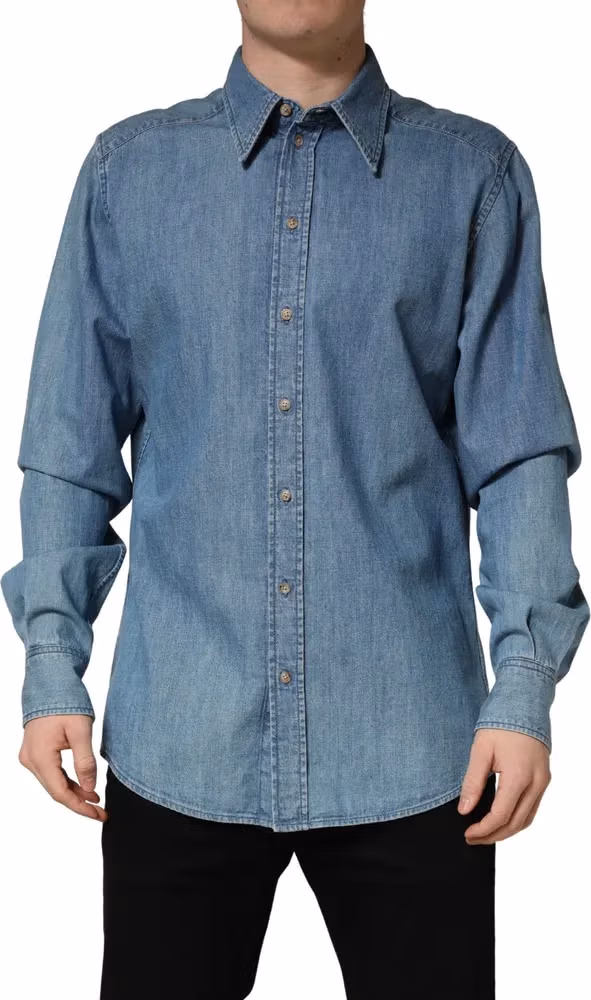 Dolce & Gabbana Blue Cotton Stretch Casual Denim Slim Shirt