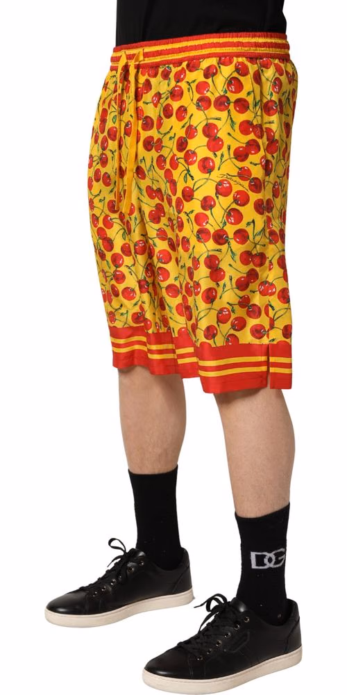 Dolce & Gabbana Yellow Red Cherry Print Silk Bermuda Shorts