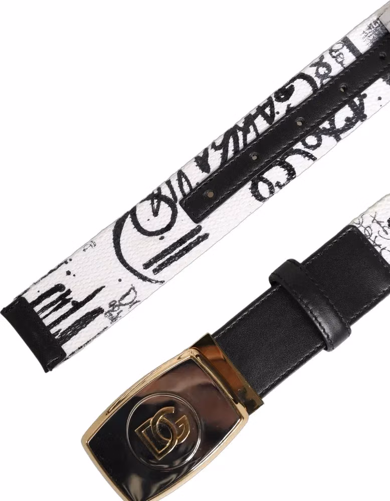 Dolce & Gabbana White Graffiti Print Gold Metal Buckle Belt