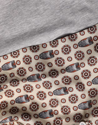 Gray Cotton V-neck Owl Silk Scarf Top T-shirt