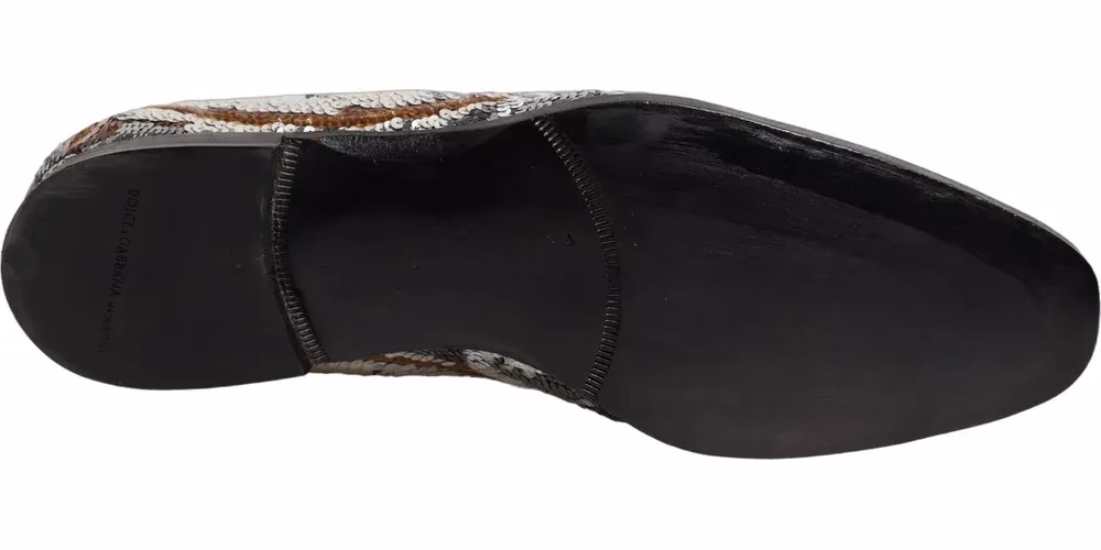 Dolce & Gabbana White Gold Sequined Slip On Loafers Shoes
