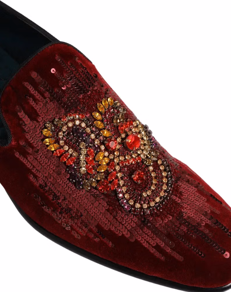 Dolce & Gabbana Maroon Sequin Gemstone Dress Loafers Shoes
