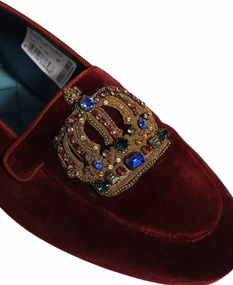 Dolce & Gabbana Burgundy Velvet Crown Slip On Loafers Shoes