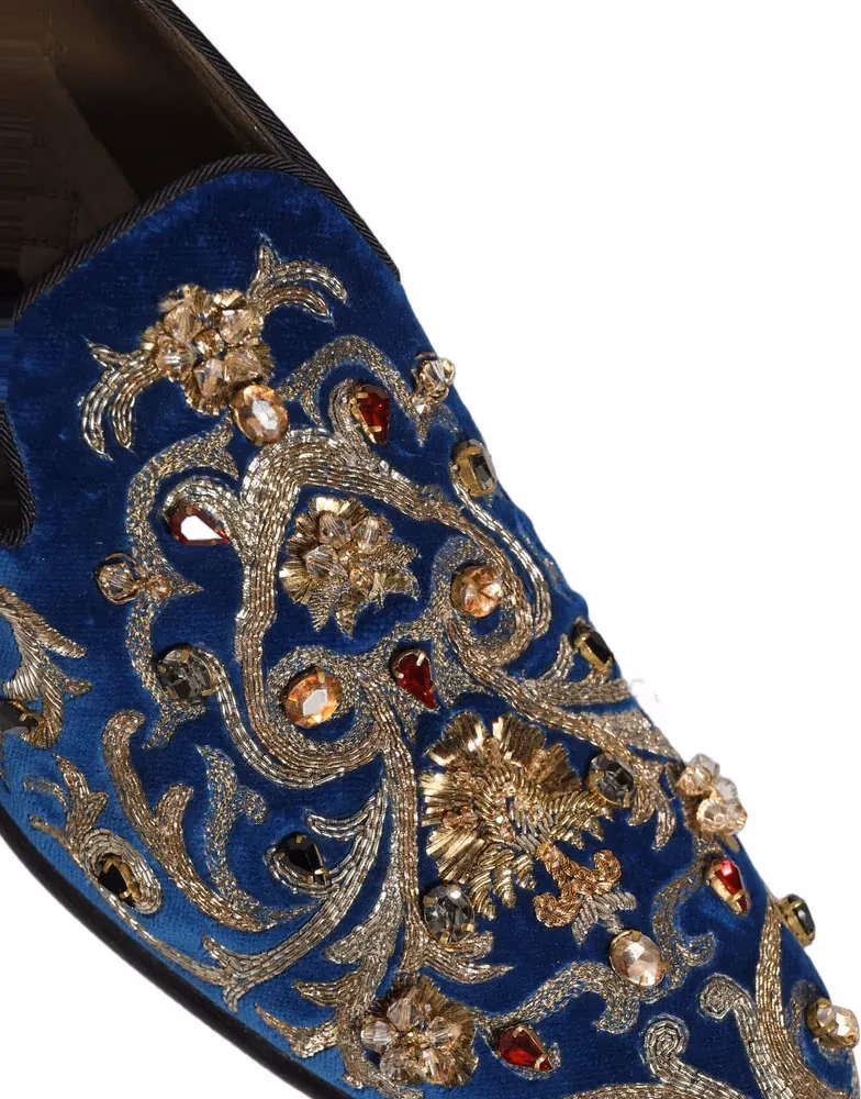 Dolce & Gabbana Blue Velvet Embellished Dress Loafers Shoes