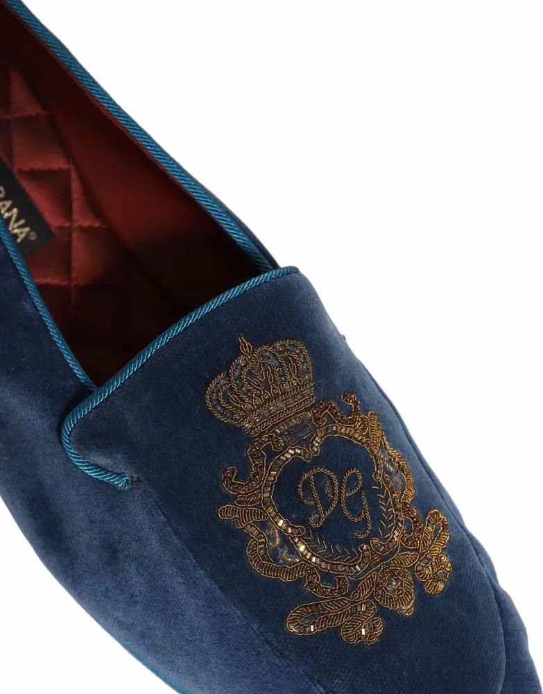 Dolce & Gabbana Blue Velvet Crown Embroidery Loafers Shoes