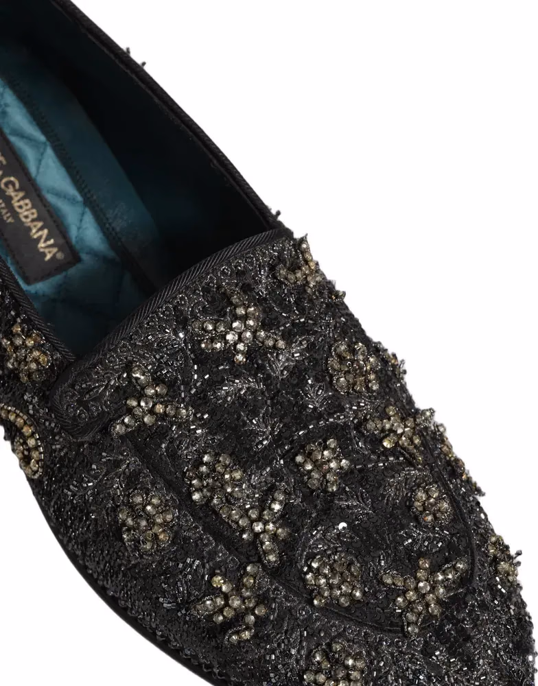 Dolce & Gabbana Black Rhinestone Embellished Loafers Shoes