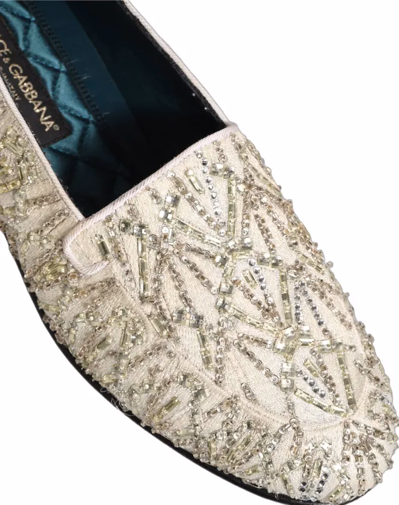 Dolce & Gabbana White Velvet Embroidered Dress Loafers Shoes