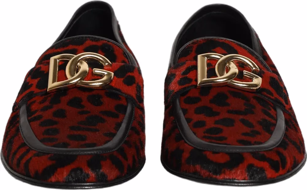 Dolce & Gabbana Red Leopard Print Pony Hair Dress Loafers Shoes