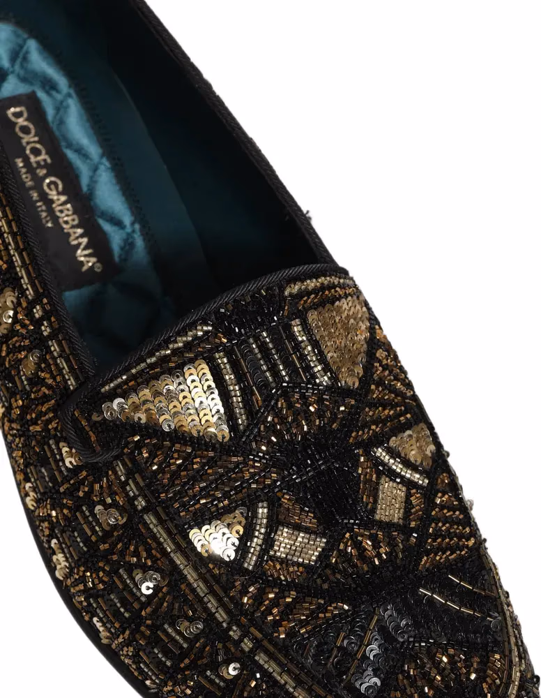 Dolce & Gabbana Black Gold Embellished Slip On Loafers Shoes