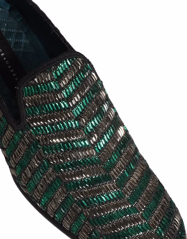 Dolce & Gabbana Silver Green Embellished Dress Loafers Shoes