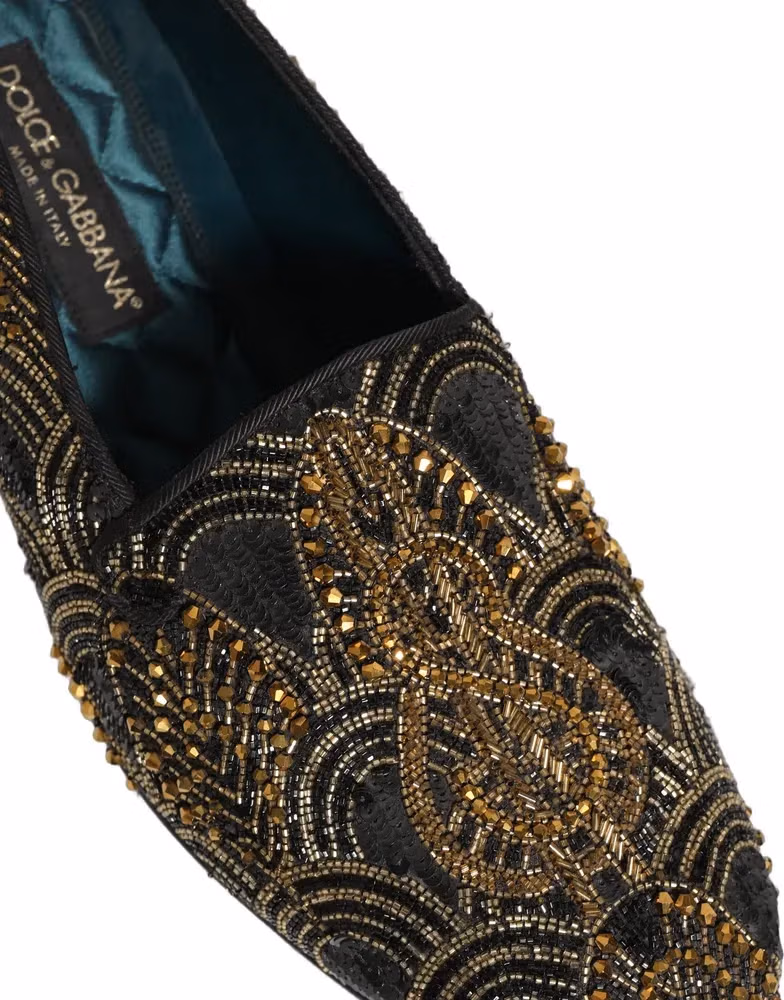Dolce & Gabbana Black Gold Embellished Dress Loafers Shoes
