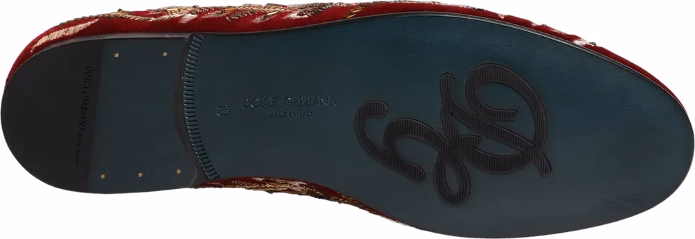 Dolce & Gabbana Red Velvet Floral Embroidery Loafers Shoes