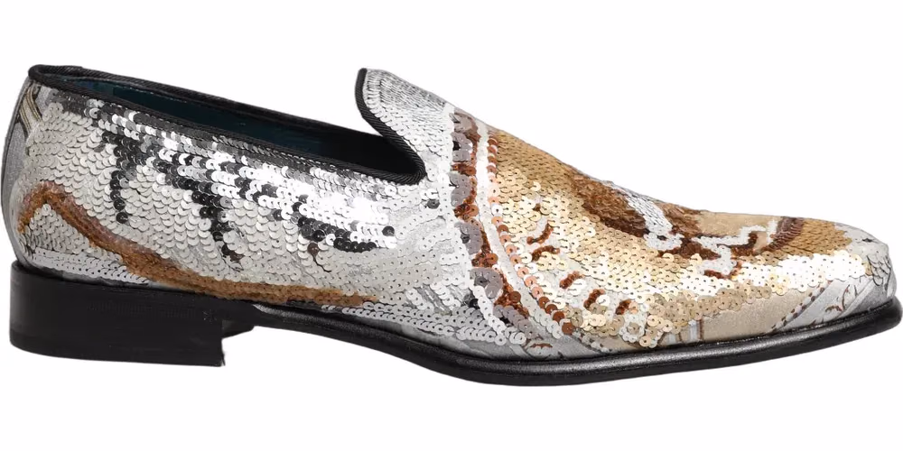 Dolce & Gabbana White Gold Sequined Slip On Loafers Shoes