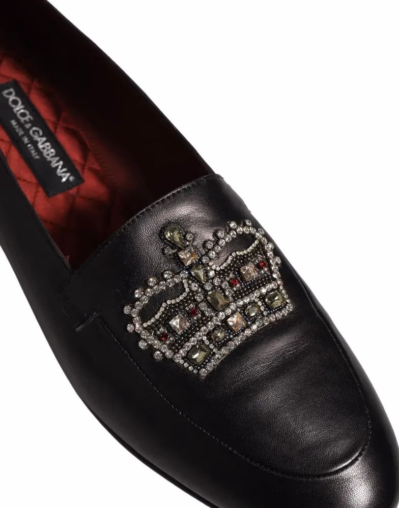 Dolce & Gabbana Black Leather Crown Embellished Loafers Shoes
