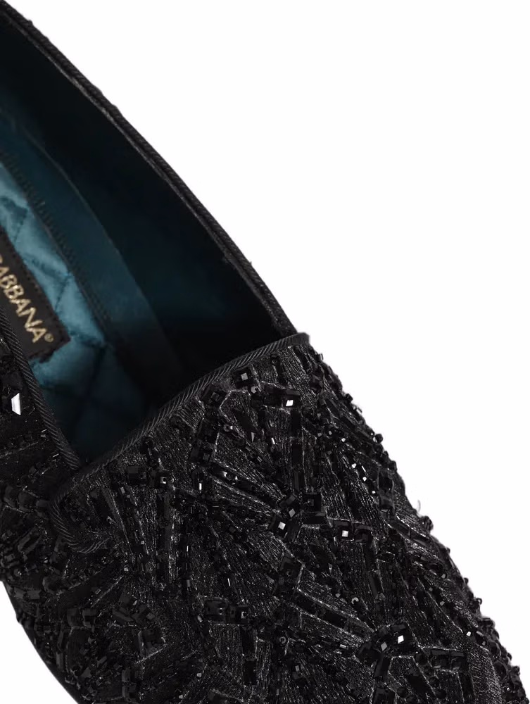 Dolce & Gabbana Black Velvet Embroidered Dress Loafers Shoes