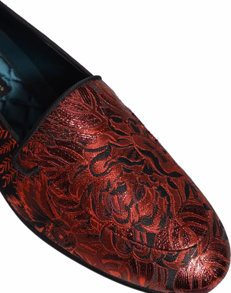 Dolce & Gabbana Red Floral Jacquard Slip On Loafers Shoes