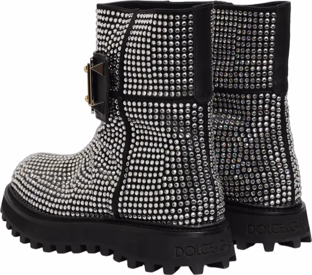Dolce & Gabbana Black Crystal Embellished Short Boots Shoes