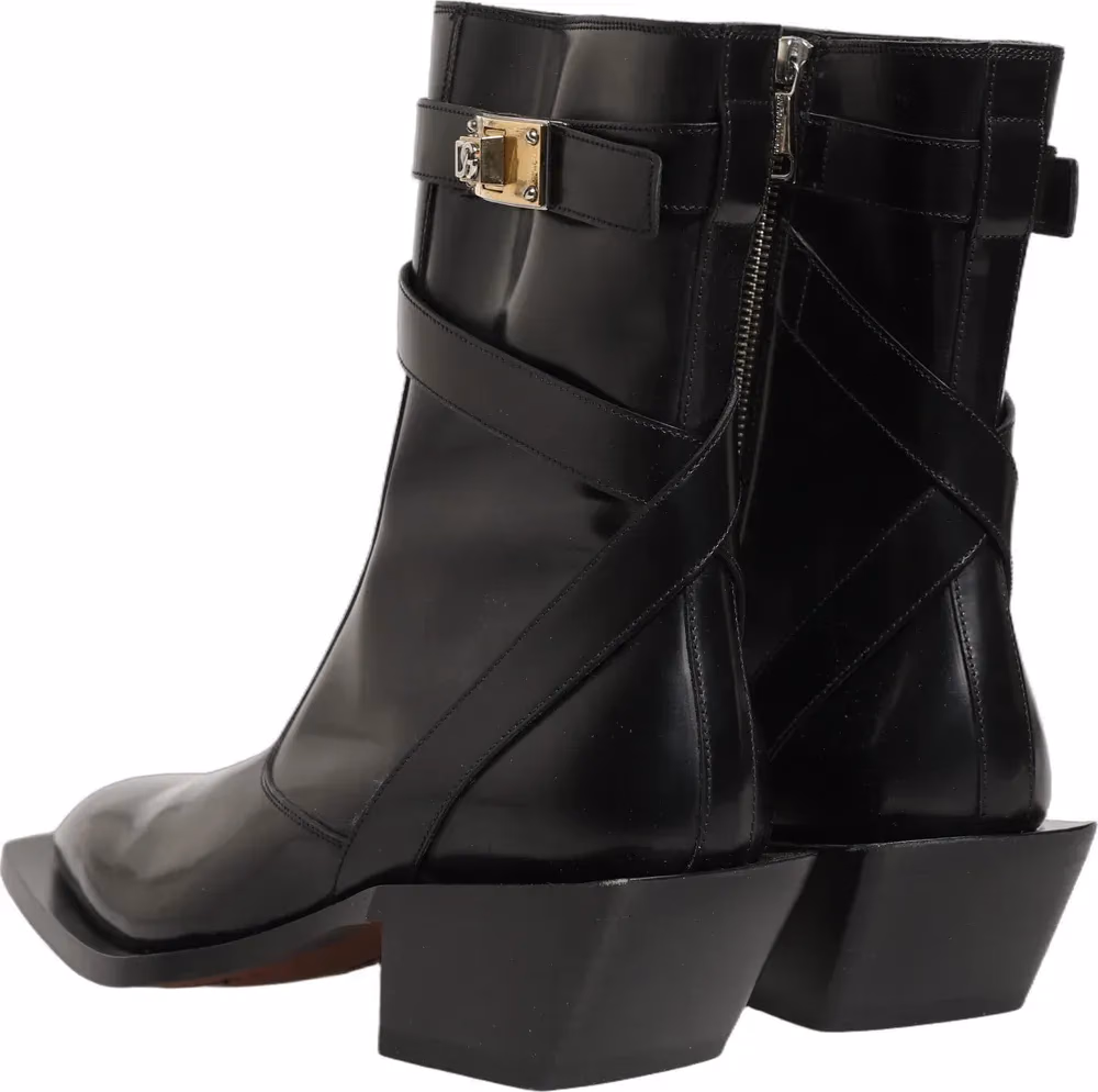 Dolce & Gabbana Black Leather DG Plaque Mid Calf Boots Shoes