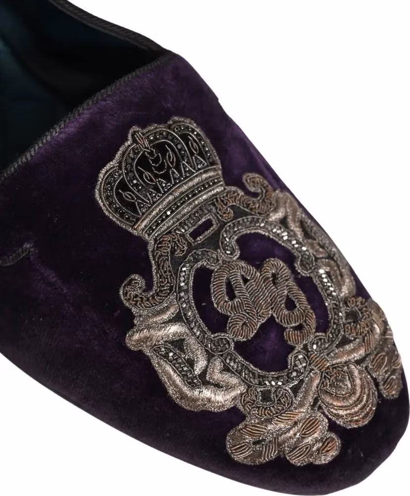 Dolce & Gabbana Purple Velvet Crown Embroidery Loafers Shoes
