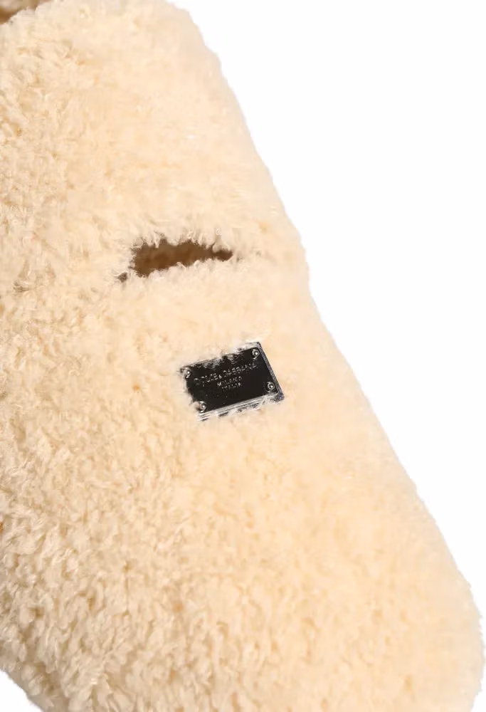 Dolce & Gabbana Beige Faux Fur Flats Men Slides Sandals Shoes