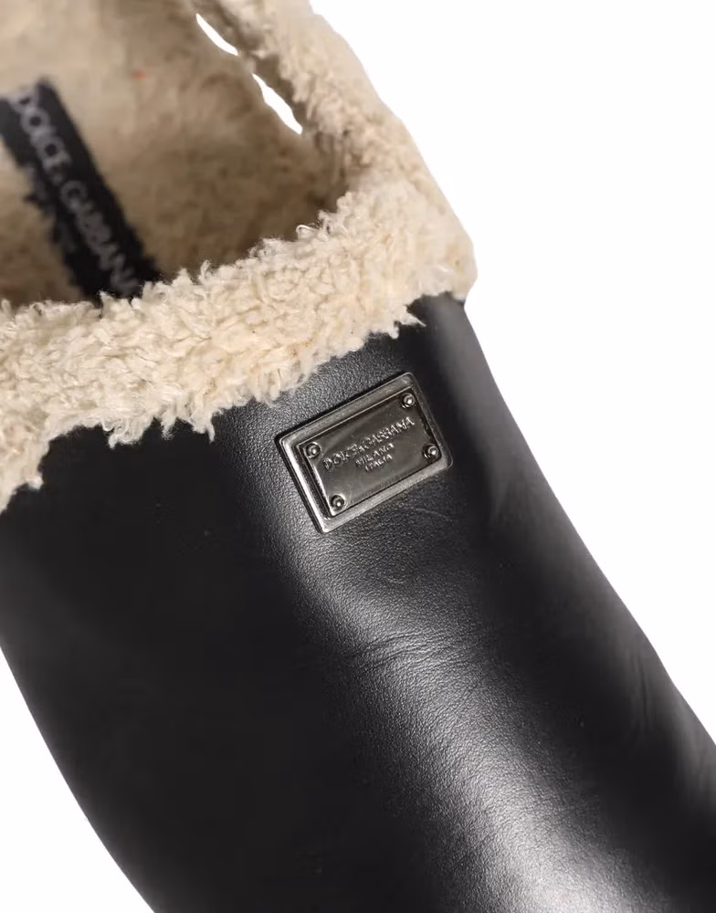 Dolce & Gabbana Beige Black Fur Shearling Slides Sandals Shoes